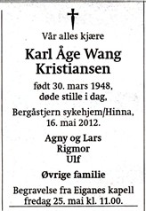 2012.05.19 - Karl Åge Wang Kristiansen f1948.03.30 - d2012.05.16 - Dødsannonse Aftenbladet - II